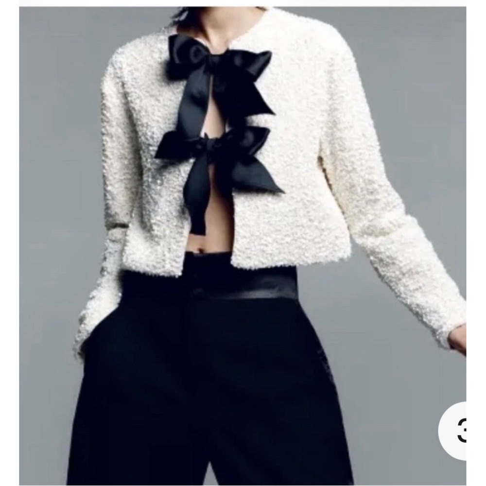 HM White Sequin Cropped Jacket Black Bows Sz XL Cream Party Glam Holiday Chic